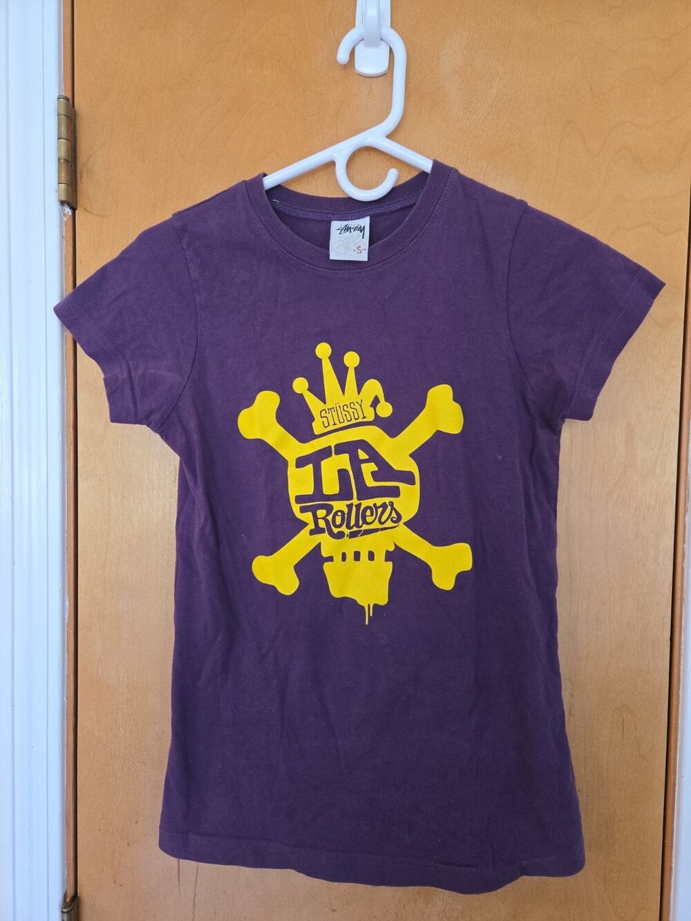 Vintage Stussy Women’s T-Shirt Made in USA LA Rollers Purple Color
